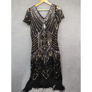 Fundaisy Dress Large Fringe Flapper Sequin Black Gold Gatsby